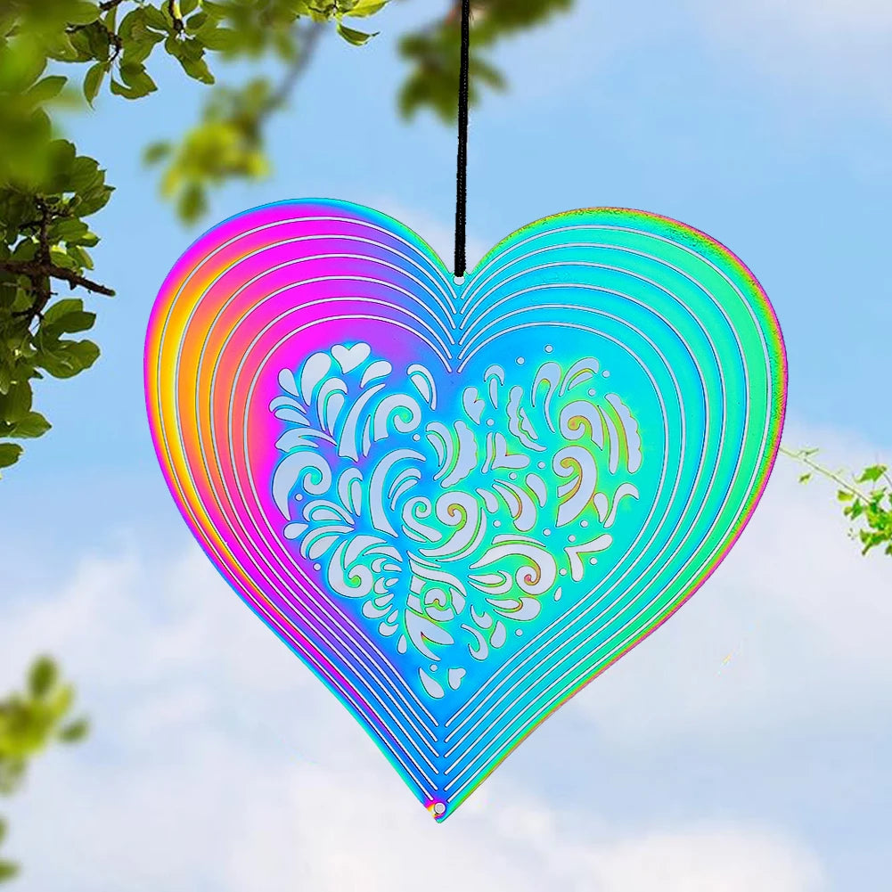 Heart Stainless Steel Wind Spinner Gradient Color Hanging Ornament Sun Catcher Garden Yard Window Decor Bird Repellent