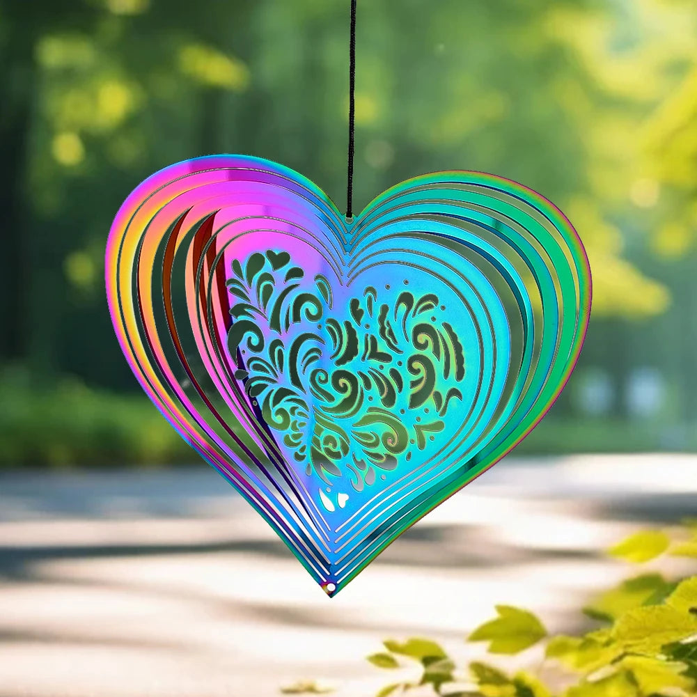 Heart Stainless Steel Wind Spinner Gradient Color Hanging Ornament Sun Catcher Garden Yard Window Decor Bird Repellent