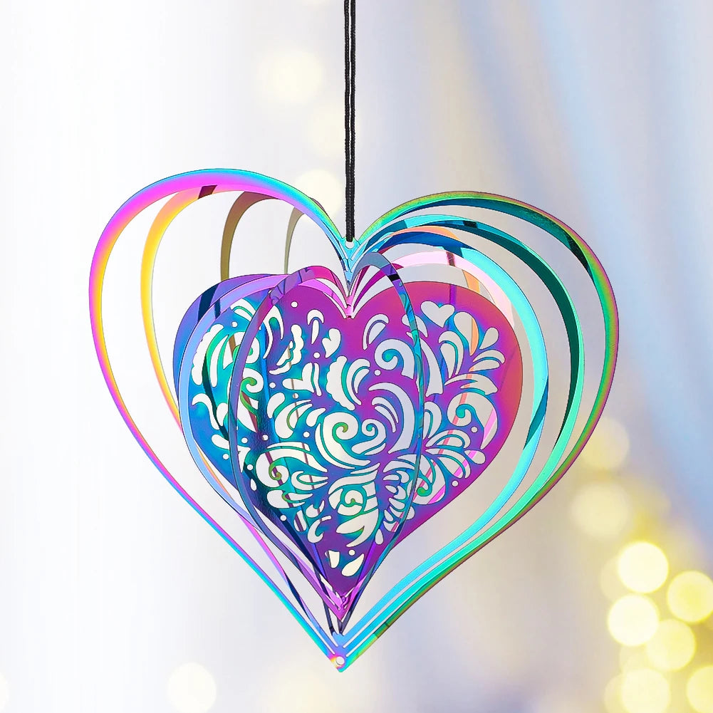 Heart Stainless Steel Wind Spinner Gradient Color Hanging Ornament Sun Catcher Garden Yard Window Decor Bird Repellent
