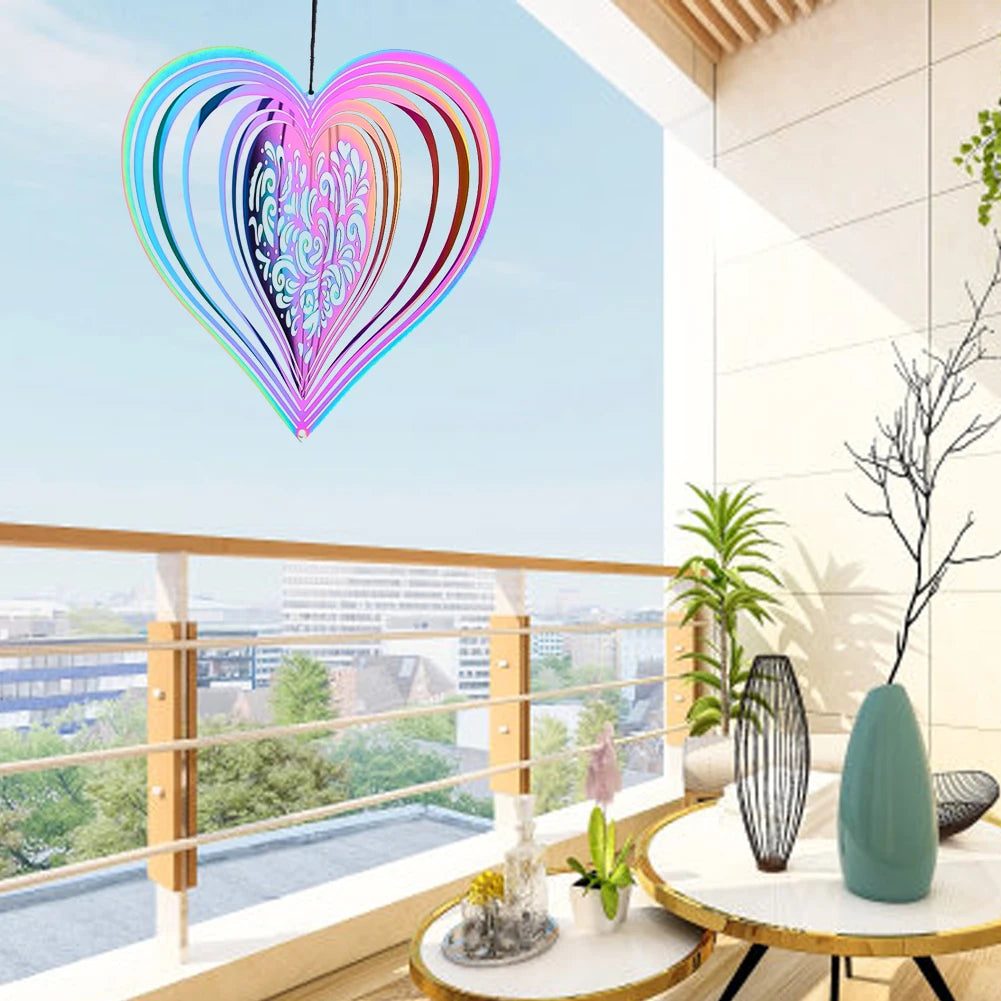 Heart Stainless Steel Wind Spinner Gradient Color Hanging Ornament Sun Catcher Garden Yard Window Decor Bird Repellent
